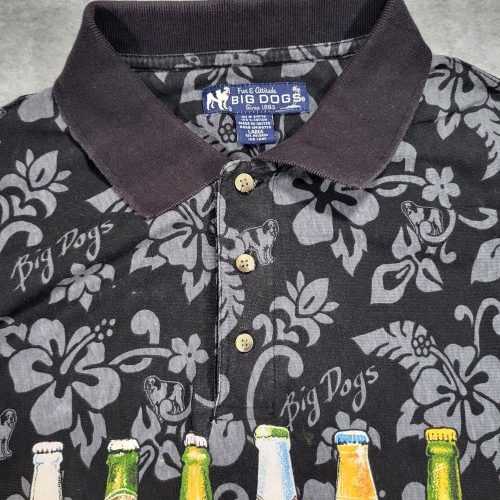 Big Dogs Mens Large Black Hawaiian Floral Beer‎ Bottles All Over Print Polo